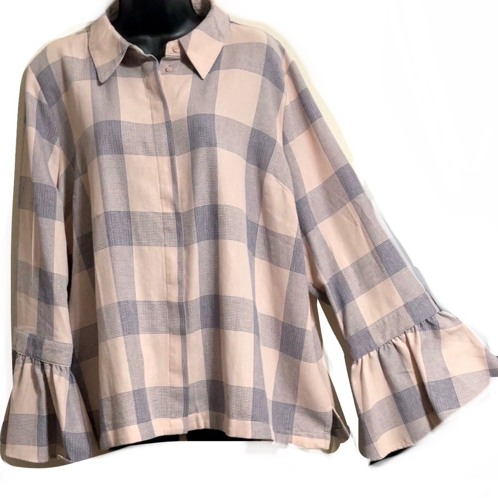 Lane Bryant pink plaid blouse with bell cuff sleeve size 18